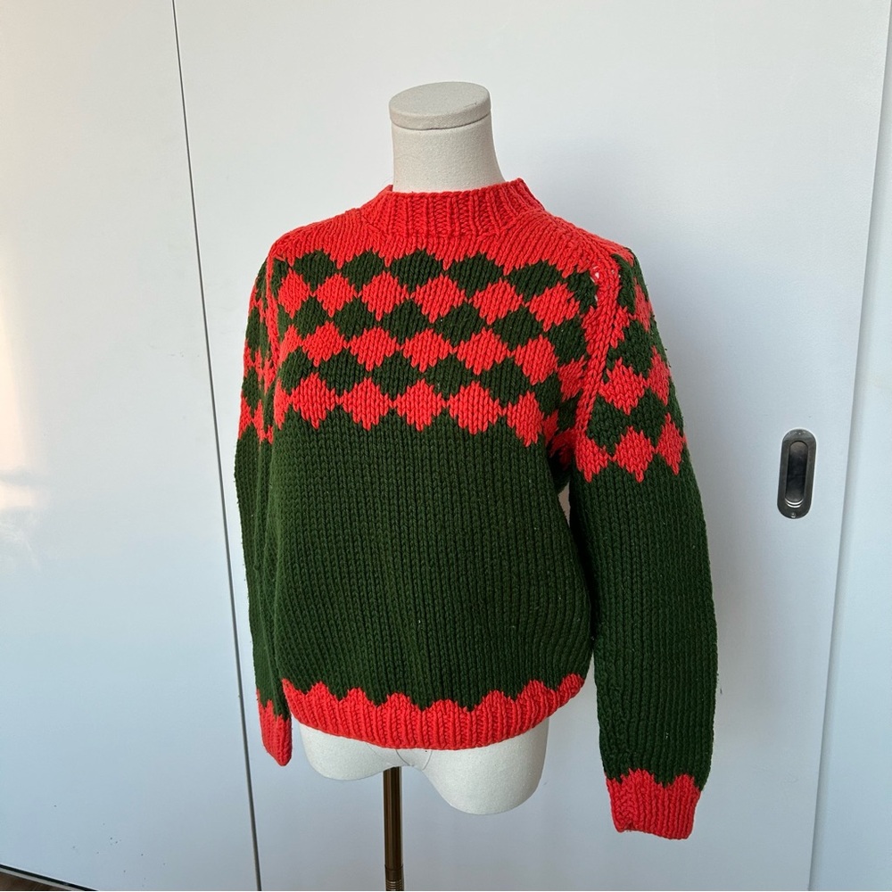 Vintage Green & Orange Checkered Knit Sweater